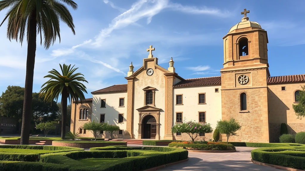 Exterior view of Mission San Juan Capistrano, featuring palm trees and landscaped gardens.