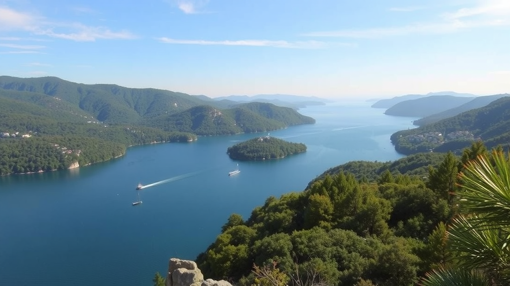 A panoramic view of Mljet National Park with lush green hills and calm blue waters.