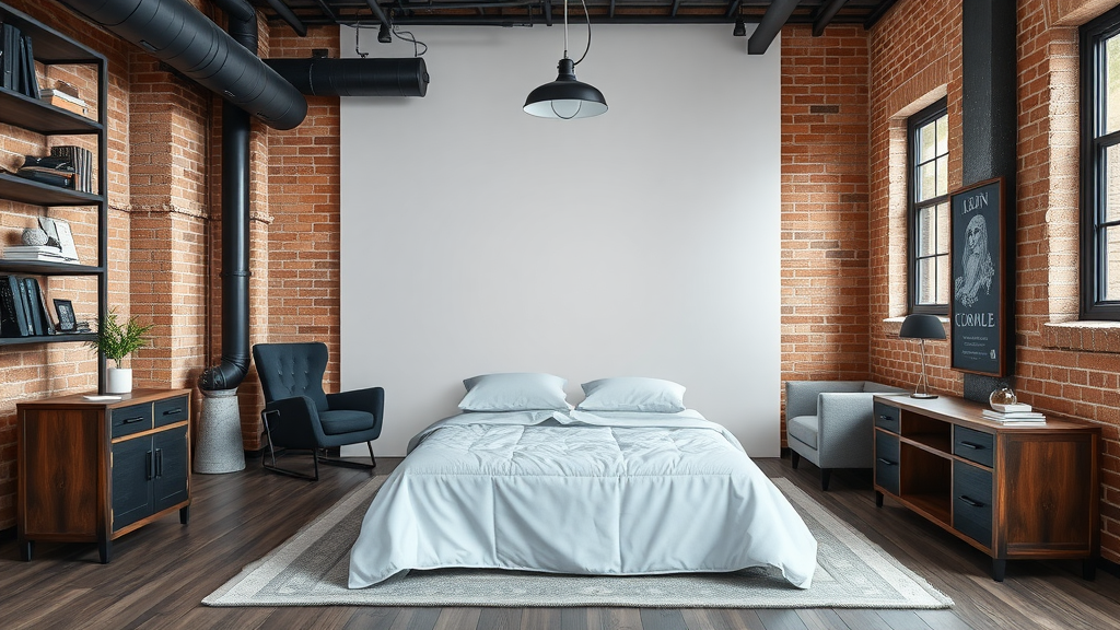 A stylish modern industrial bedroom with exposed brick walls and minimalist furniture.