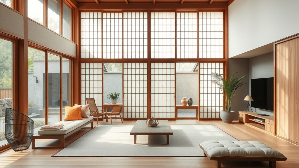 A bright living room with large windows, wooden elements, and a minimalist design reflecting modern Japanese aesthetics.