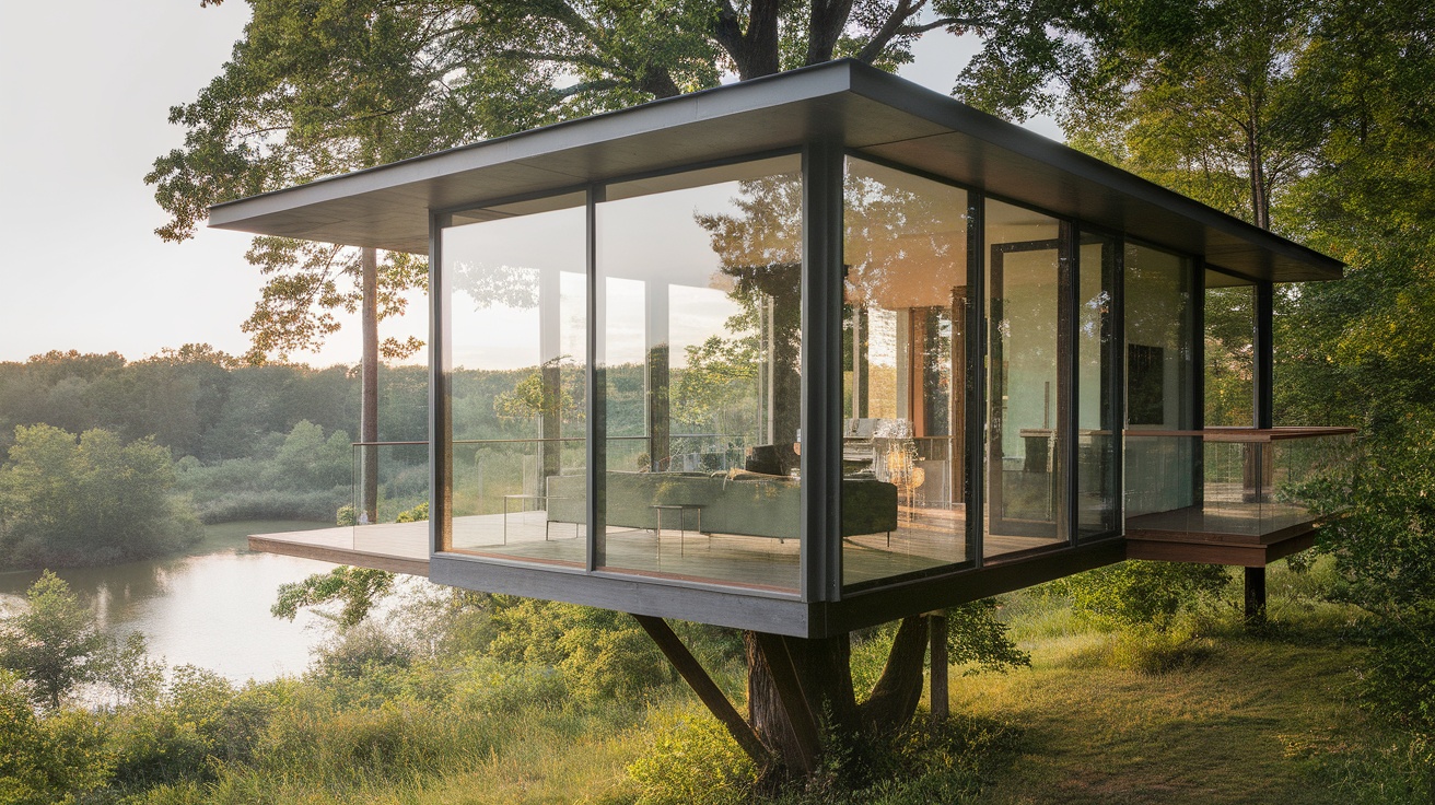 A modern treehouse with floor-to-ceiling windows overlooking a peaceful landscape.