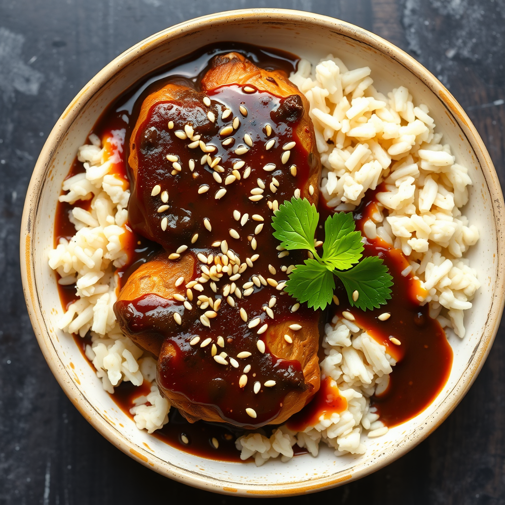 A bowl of chicken mole poblano served with rice, garnished with sesame seeds and cilantro.