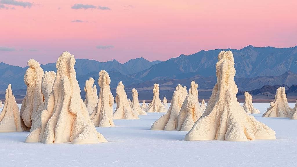 Tufa towers at Mono Lake with a colorful sky and mountains in the background.