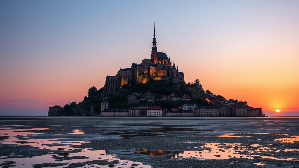 A stunning view of Mont Saint-Michel during sunset with reflections in the water