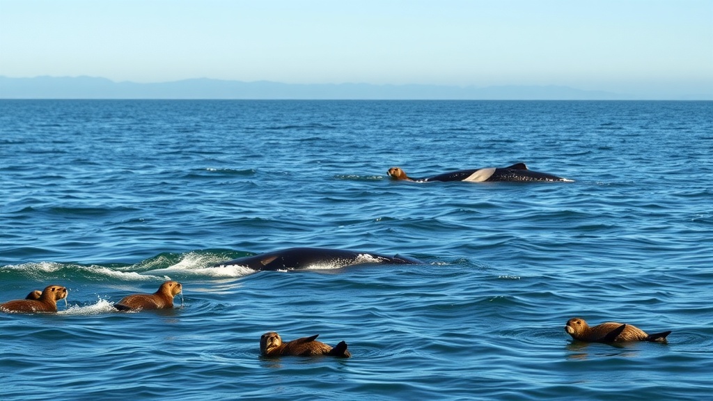 Whales swimming near sea lions in Monterey Bay's Marine Sanctuary