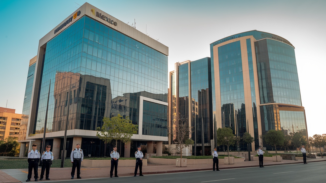 Modern buildings in Monterrey with security personnel outside