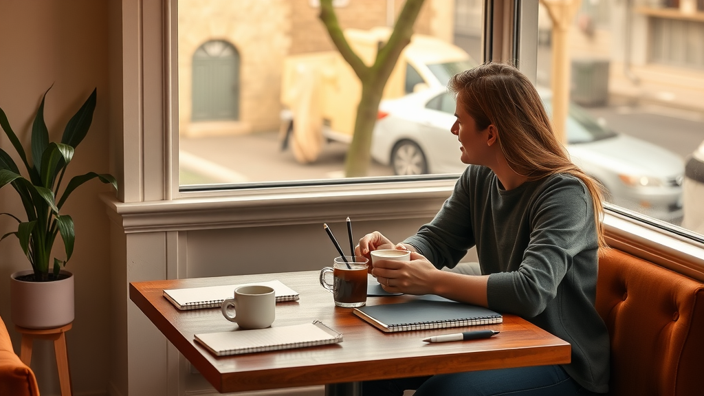 A woman sitting at a table with coffee, looking out the window.