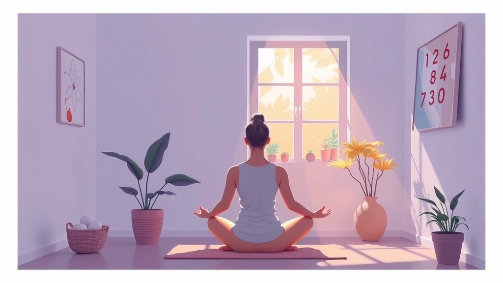 A person meditating in a bright, calming room surrounded by plants and natural light.