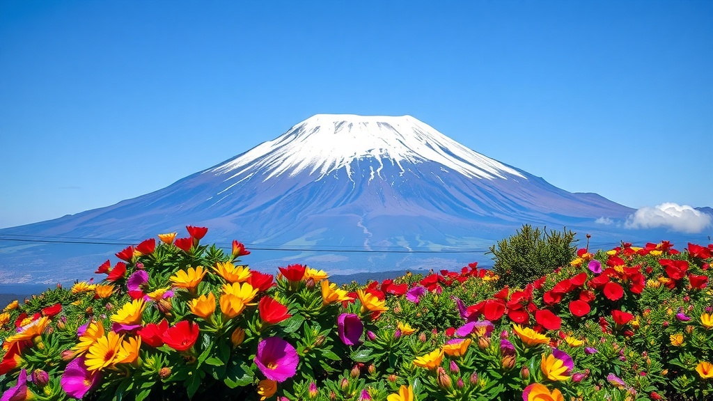 A view of Mount Kilimanjaro with colorful flowers in the foreground.