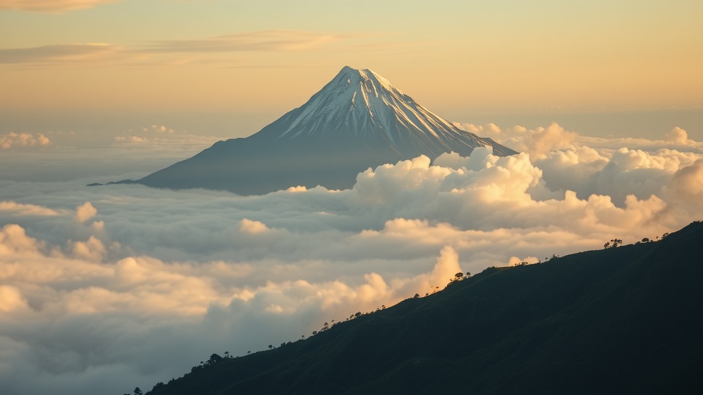 A majestic view of Mount Meru rising above clouds at sunset.