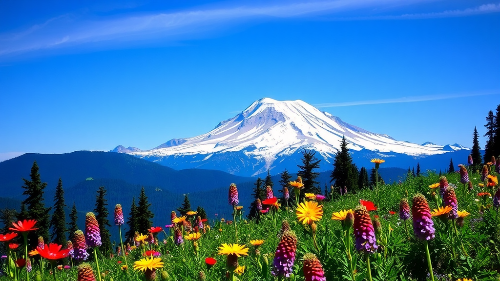 A beautiful view of Mount Rainier with colorful wildflowers in the foreground and a clear blue sky.