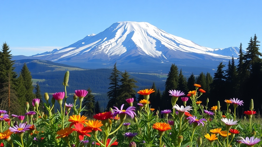 Mount Shasta with snow-capped peak surrounded by colorful wildflowers