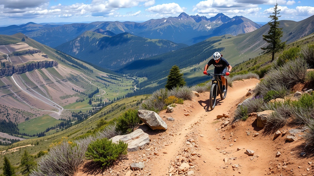 A mountain biker riding on a rugged trail with a scenic mountain backdrop.