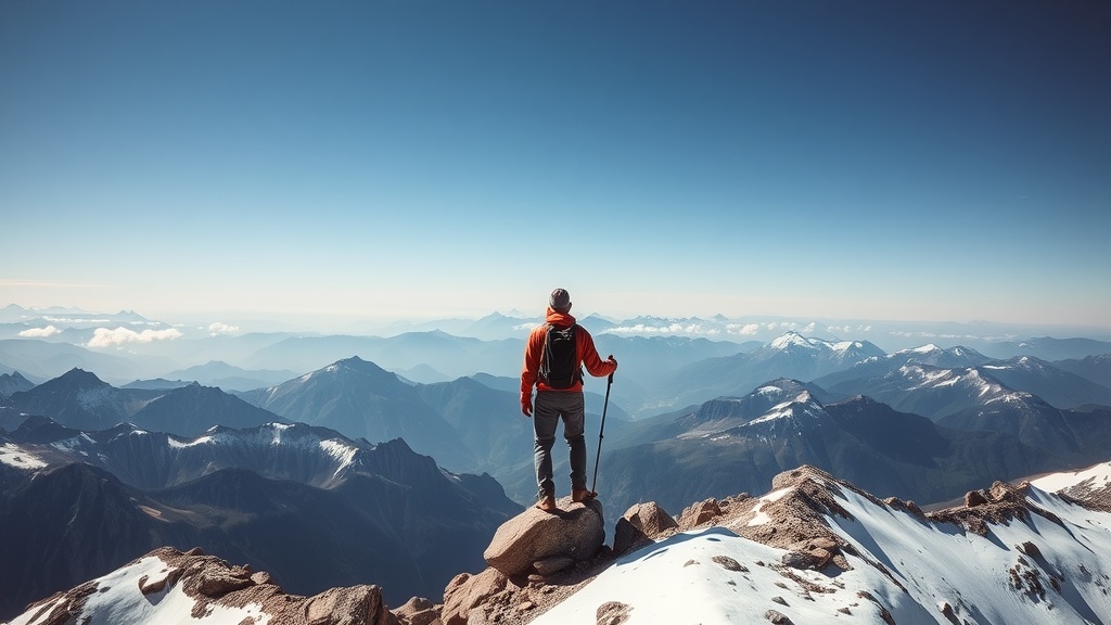 A person standing on a mountain peak, gazing at the vast mountain range with a pole in hand.