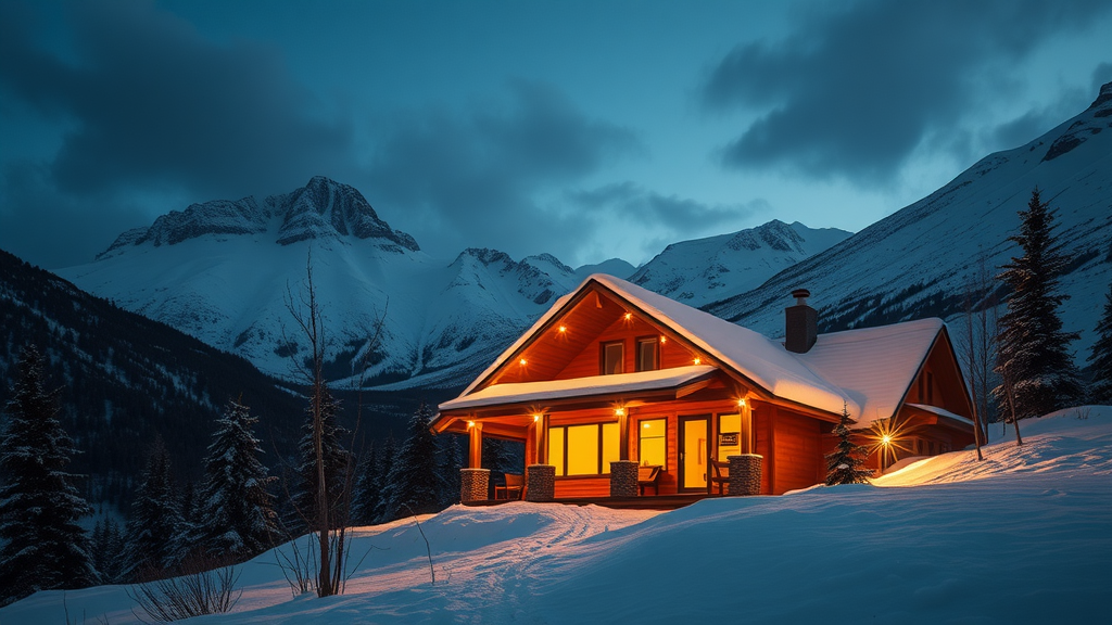 A cozy mountain hut surrounded by snow-covered trees and majestic mountains at dusk.