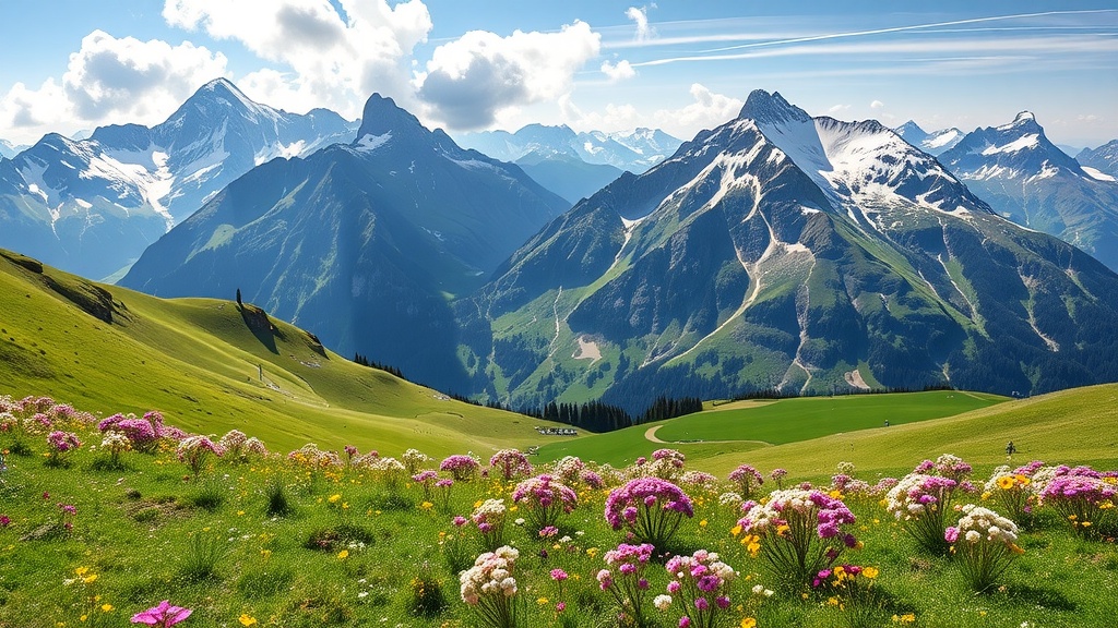 A beautiful view of the Swiss Alps with blooming flowers in the foreground and mountains in the background.