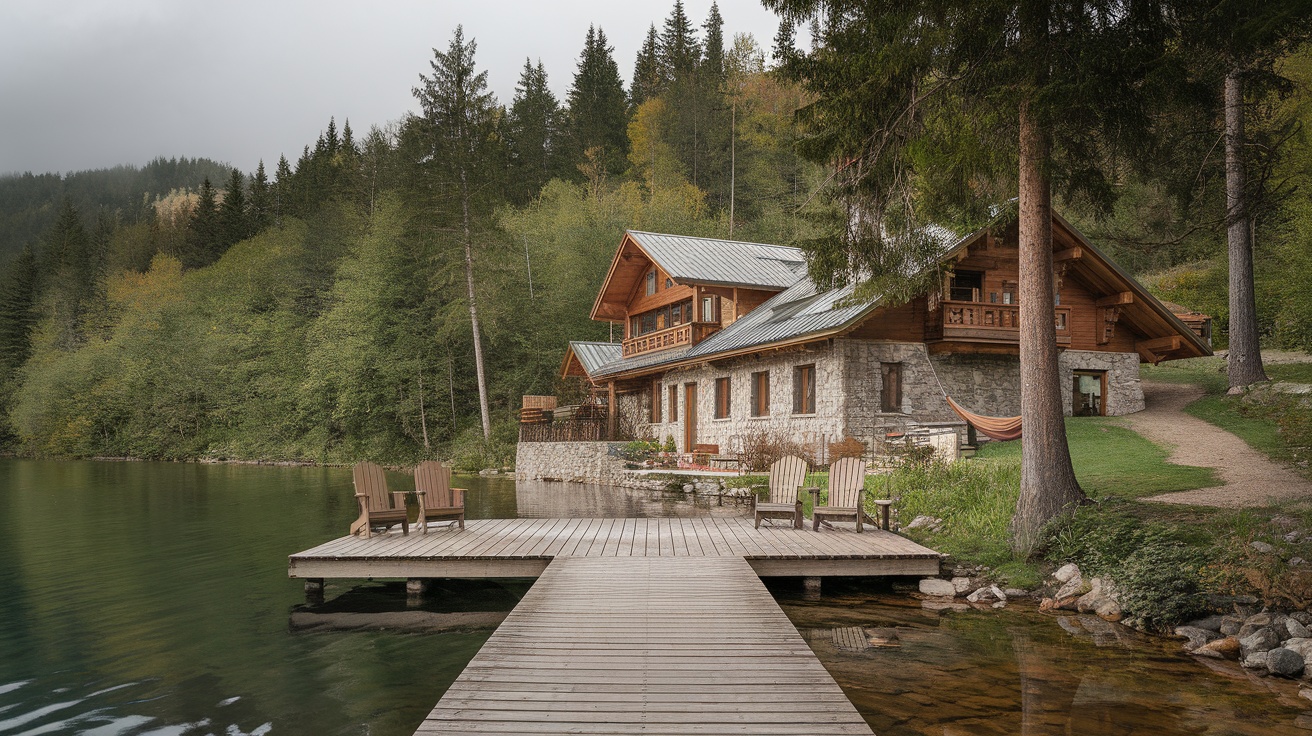 A cozy cabin by a serene lake surrounded by trees and mountains