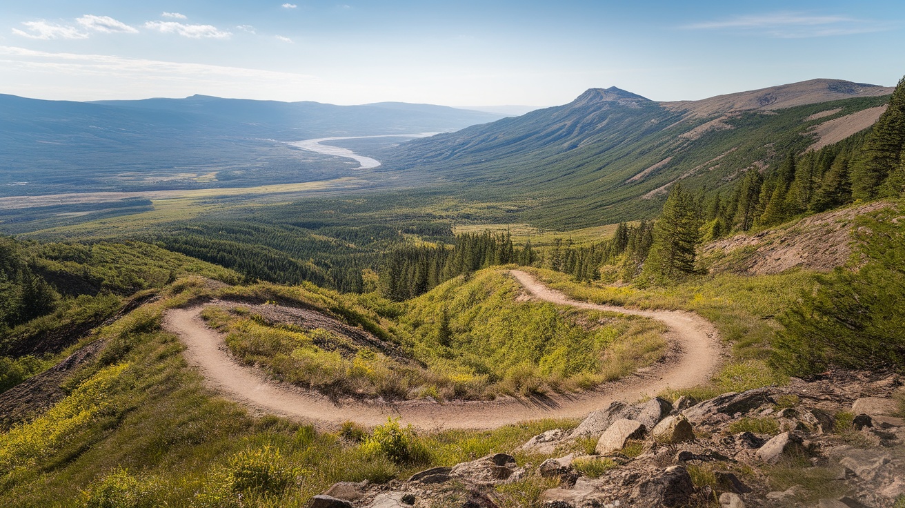 Winding mountain biking trail surrounded by lush greenery and scenic views.