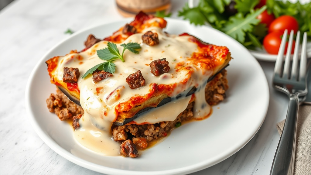 Delicious serving of moussaka on a plate topped with creamy sauce and herbs.