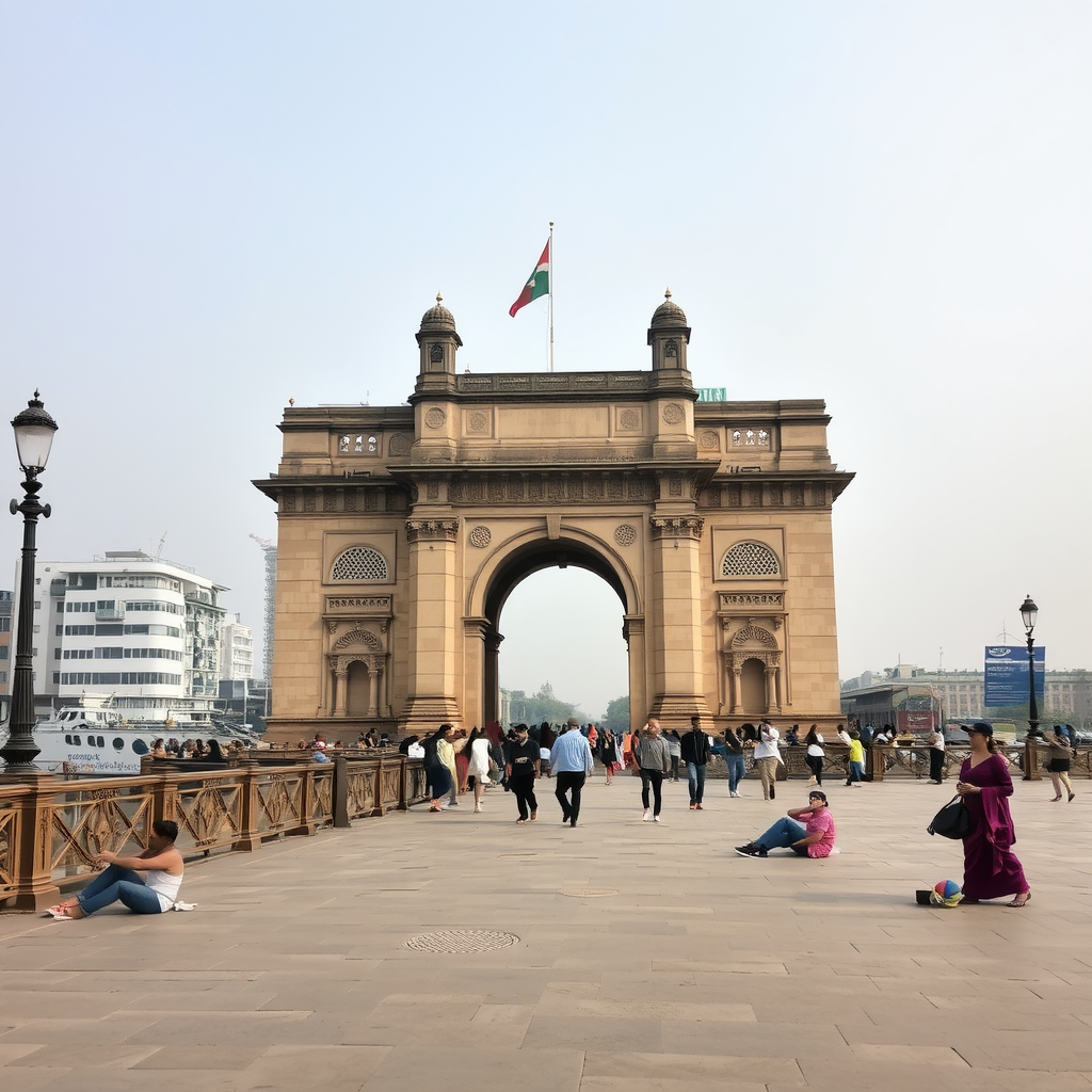 A view of the Gateway of India with people walking around and enjoying the surroundings.