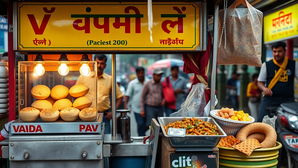 A vibrant street food stall in Mumbai featuring vada pav and various snacks.