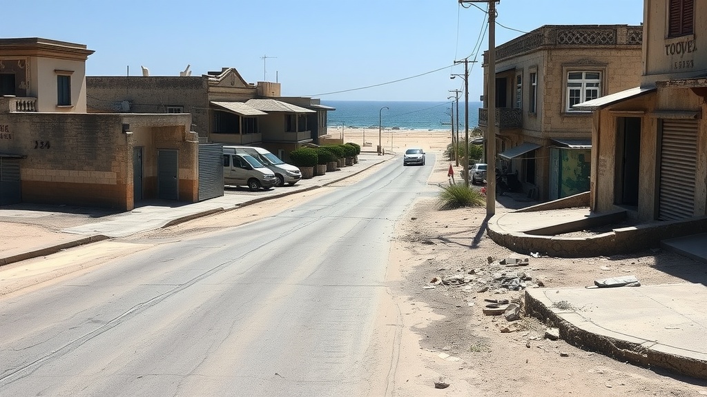 Abandoned street in Varosha, Cyprus with deserted buildings and a view of the beach.