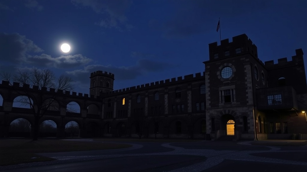 A haunting view of the Eastern State Penitentiary at night with a full moon.