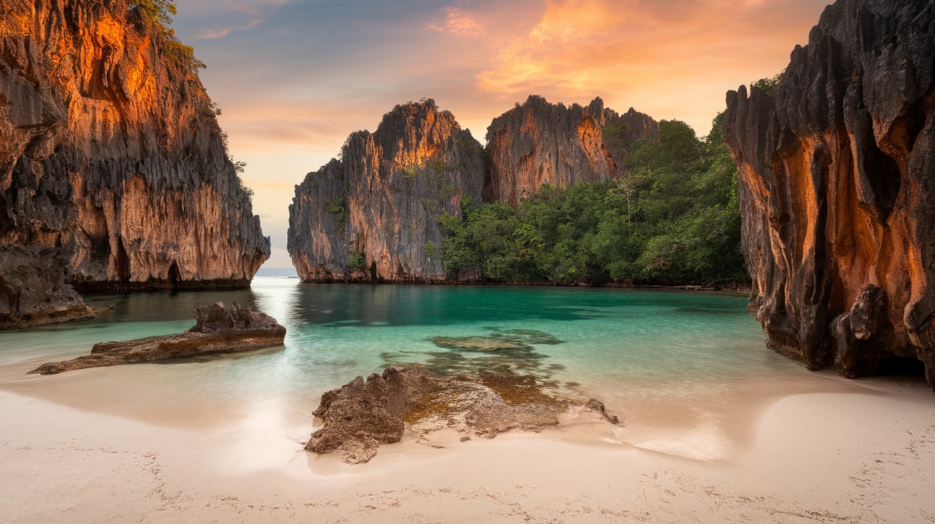 A mystical beach in Thailand featuring towering cliffs, turquoise water, and a serene atmosphere.