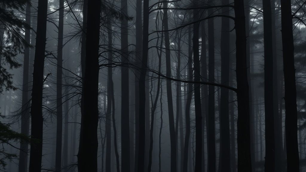 A misty forest with tall trees creating a mystical atmosphere.