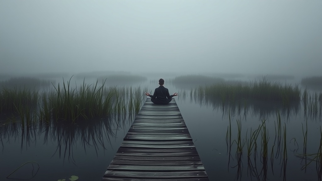 Person meditating on a wooden pier in a foggy marsh.