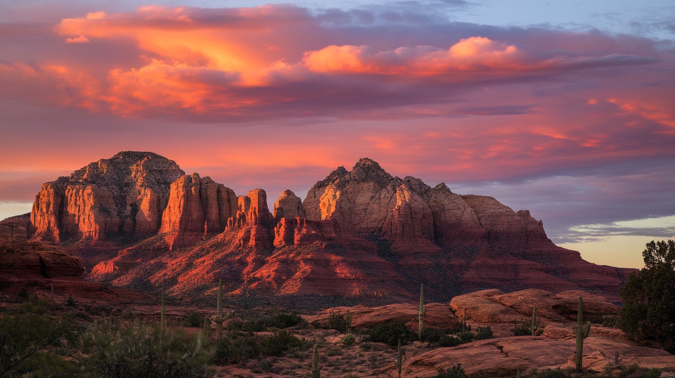 Sunset over the red rock formations in Sedona, Arizona.