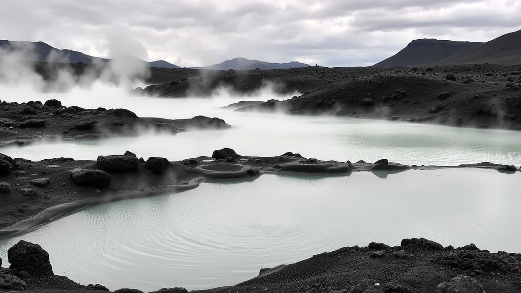 Mývatn Nature Baths with steaming geothermal waters and rocky surroundings.