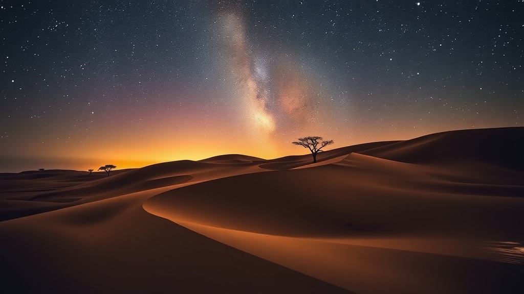 A breathtaking view of the starry sky over the Namib Desert, featuring sand dunes and a solitary tree.