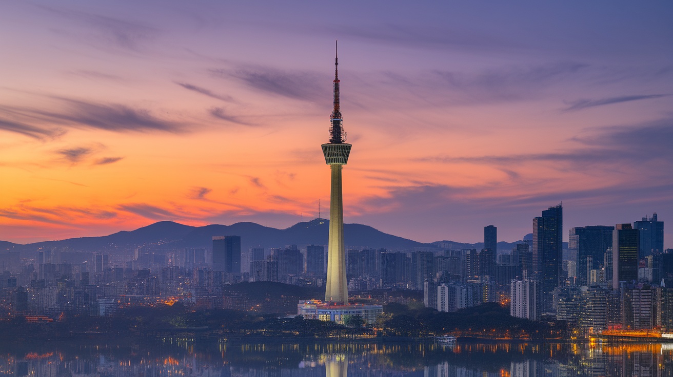 A panoramic view of Namsan Tower against a sunset skyline.