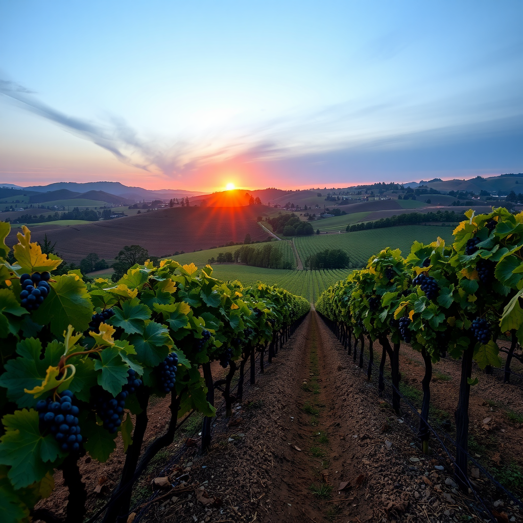 Sunset over vineyards in Napa Valley, California