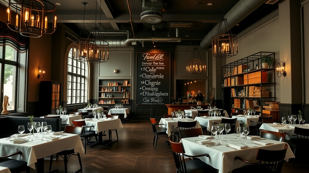 Elegant dining room with tables set for fine dining.