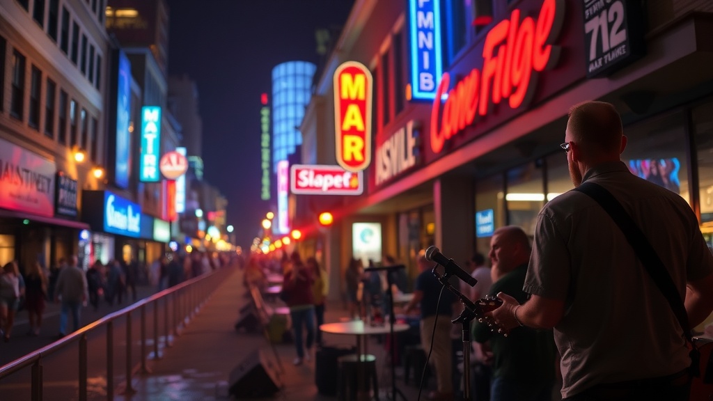 A musician performing on a bustling street in Nashville with bright neon signs.