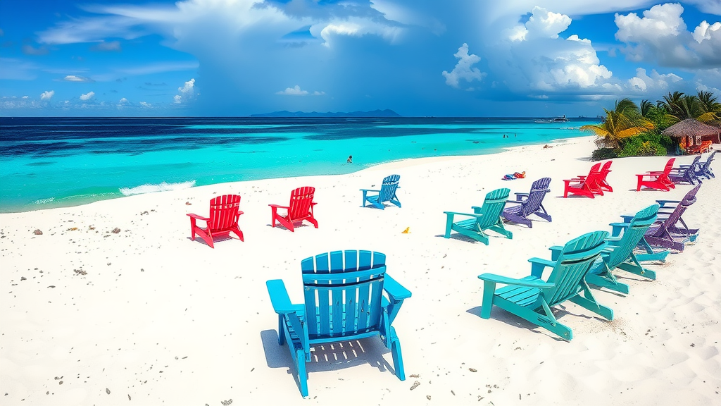 A beautiful beach scene in Nassau, Bahamas, with colorful chairs and people enjoying the sun.