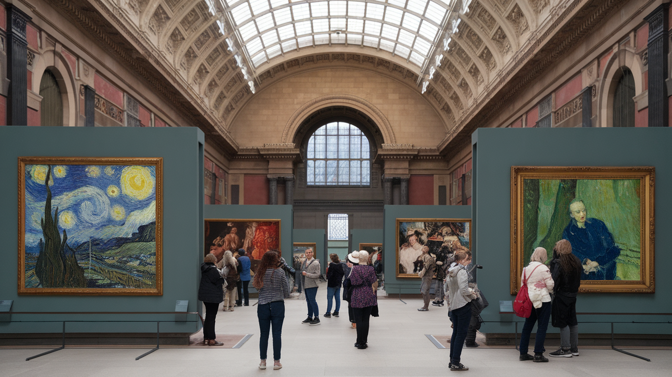 Visitors admiring famous paintings in the National Gallery, London.