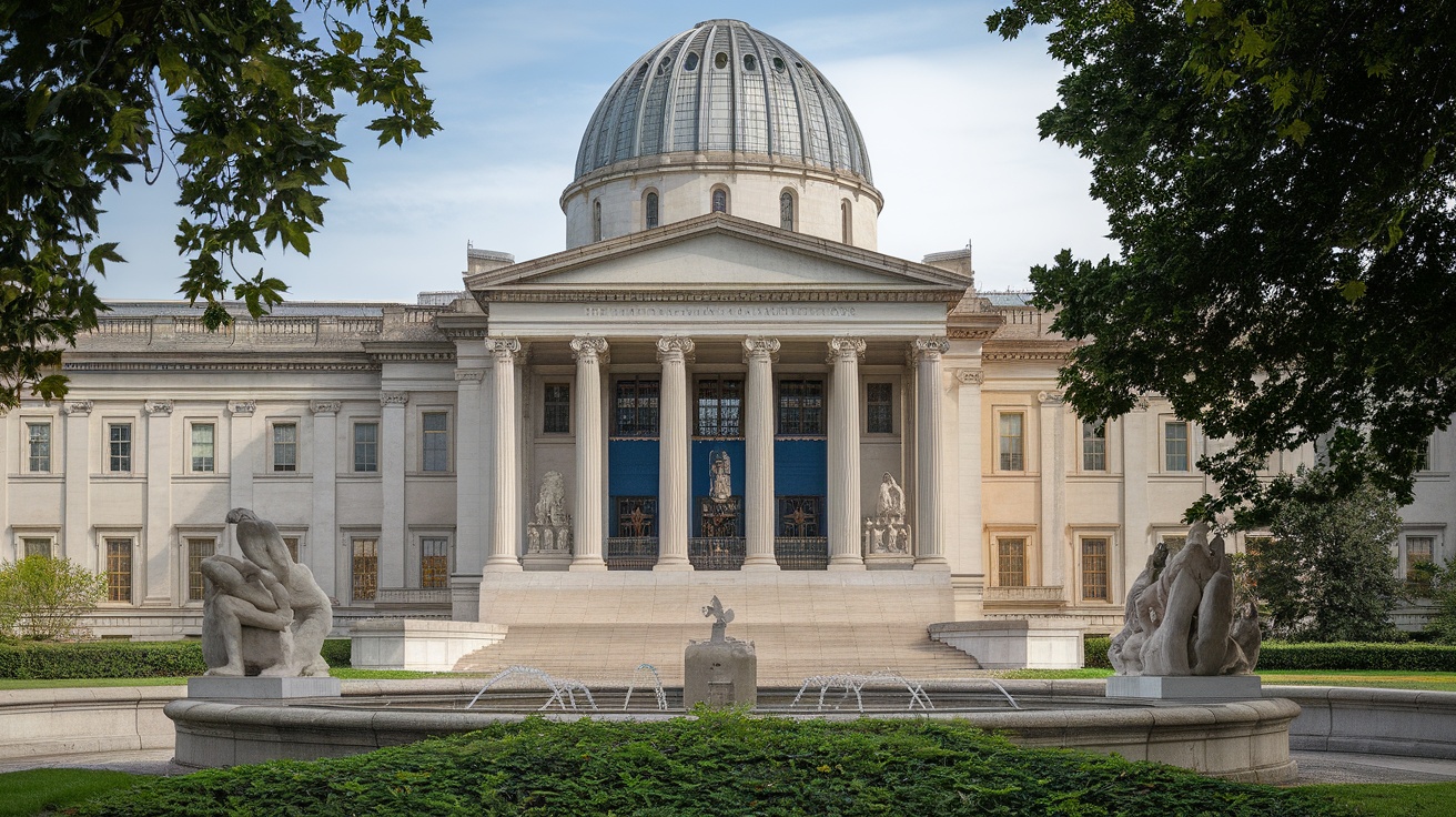 Facade of the National Gallery of Art with sculptures in front and trees around.