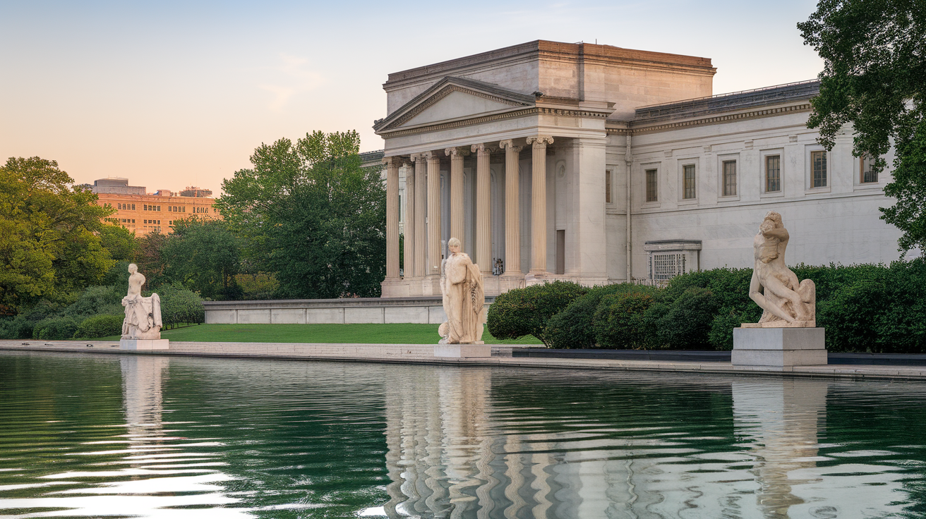 Exterior view of the National Gallery of Art with statues and reflecting pool in the foreground.