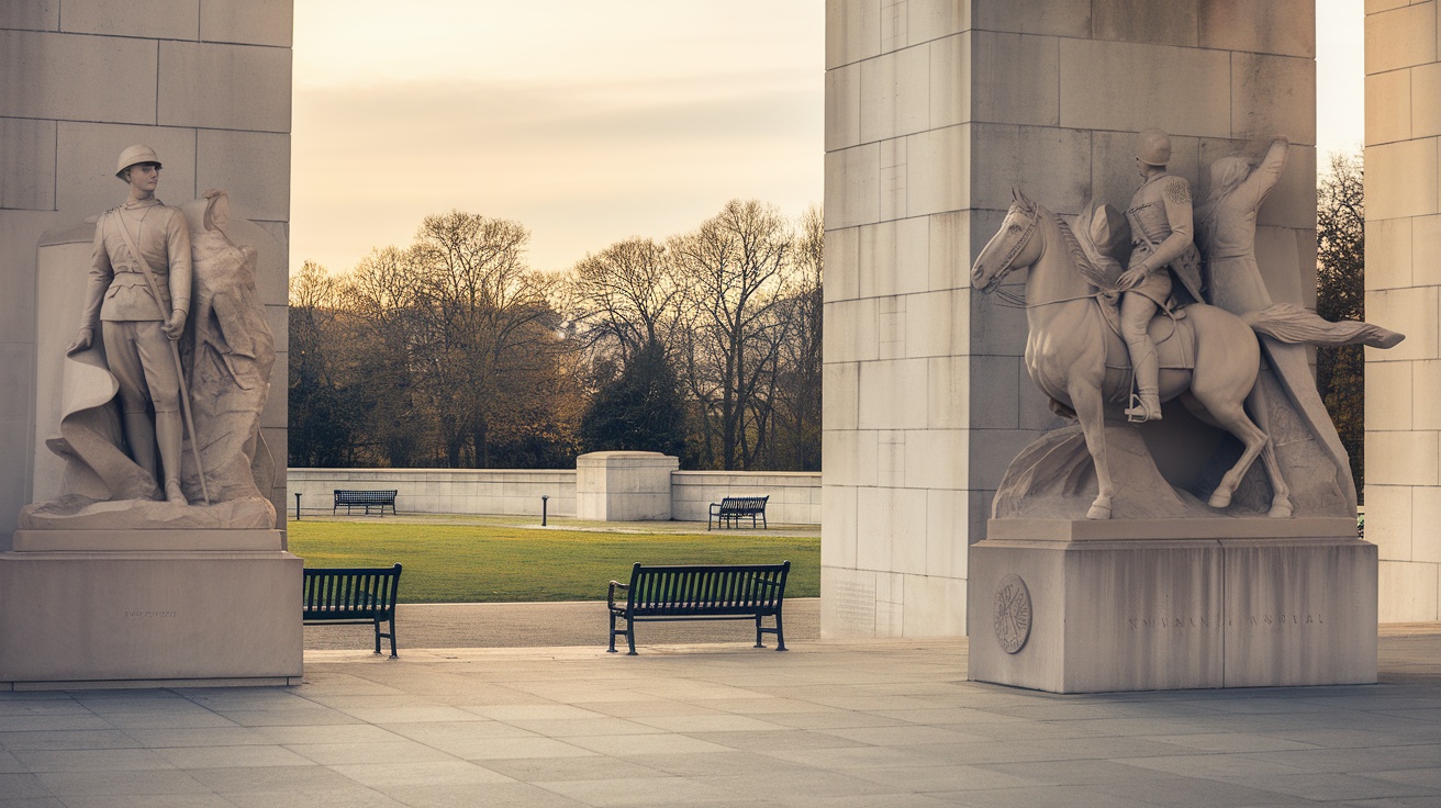 Statues at the National World War I Memorial featuring a standing soldier and a mounted cavalry figure.