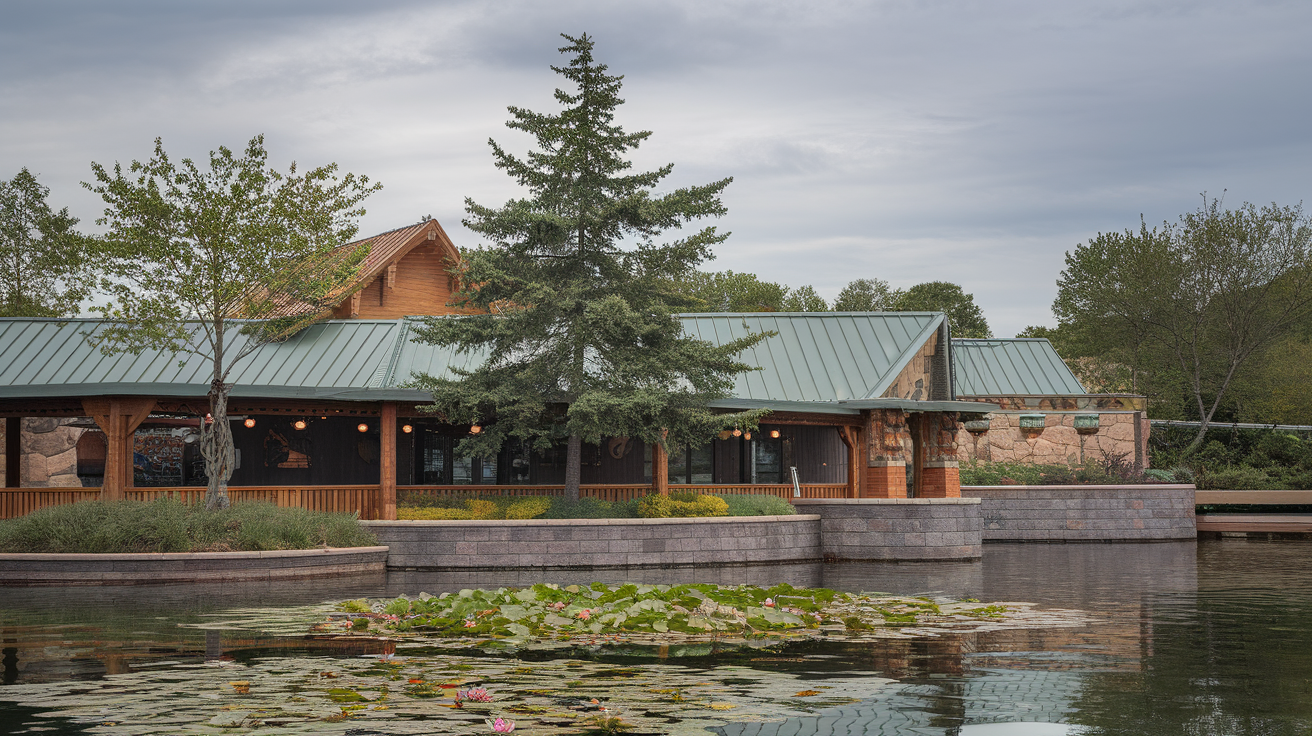 Canada Pavilion with totem poles and mountains in the background