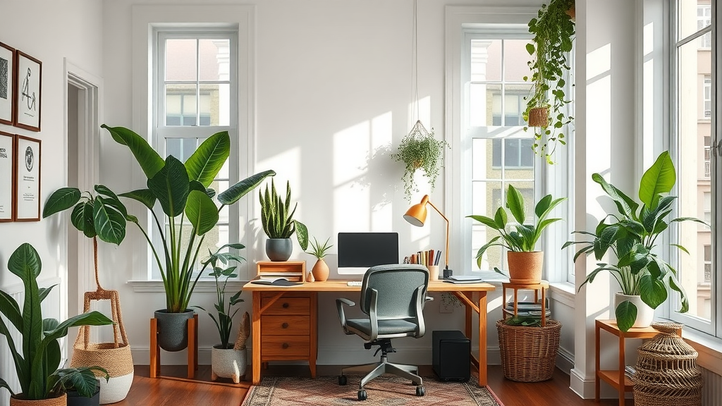 A bright home office with plants, a wooden desk, and natural light.