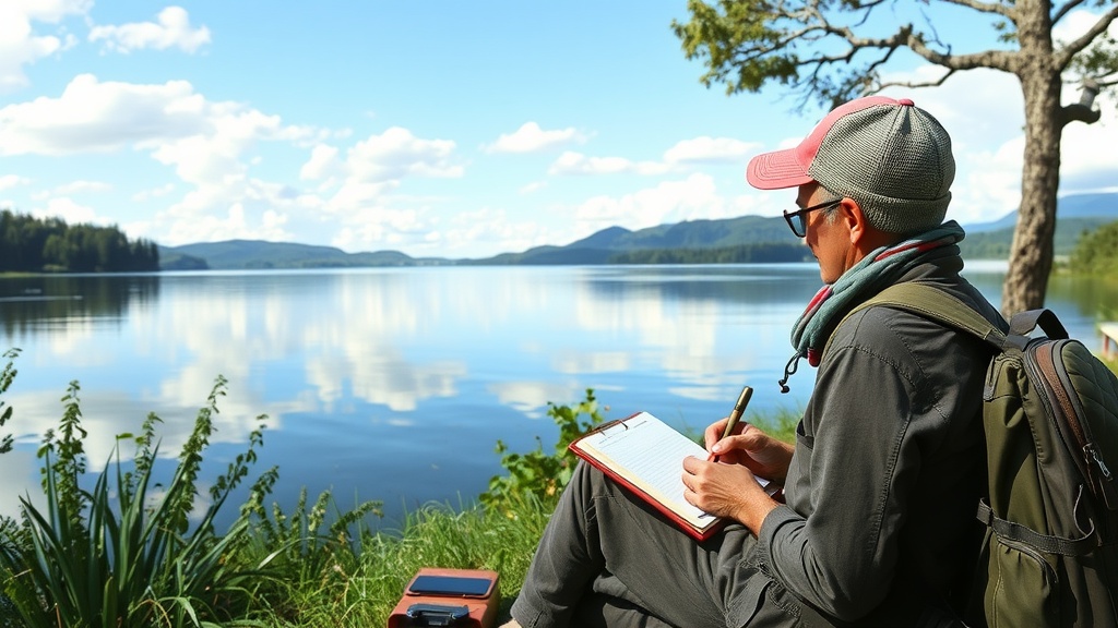 A person writing in a notebook by a serene lake