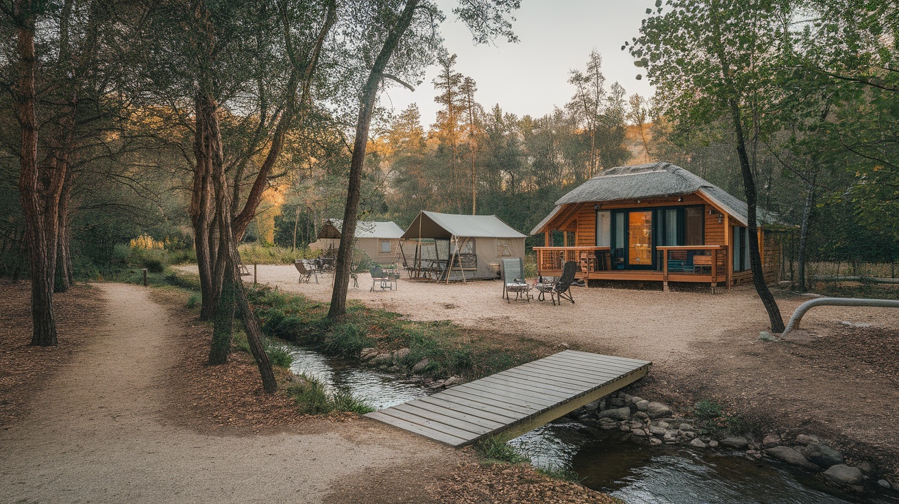 A serene nature retreat featuring wooden paths, cabins, and a waterfall in a lush green landscape.