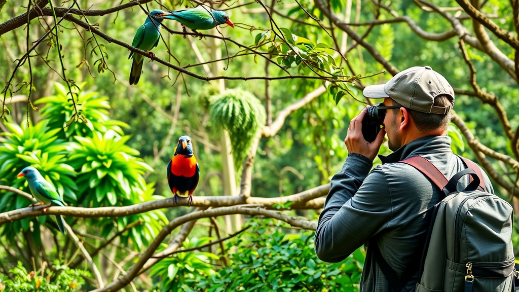 A person photographing colorful birds while exploring a lush nature trail.