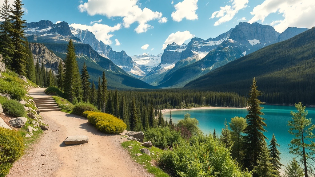 A scenic trail through Banff National Park featuring mountains, trees, and a lake.