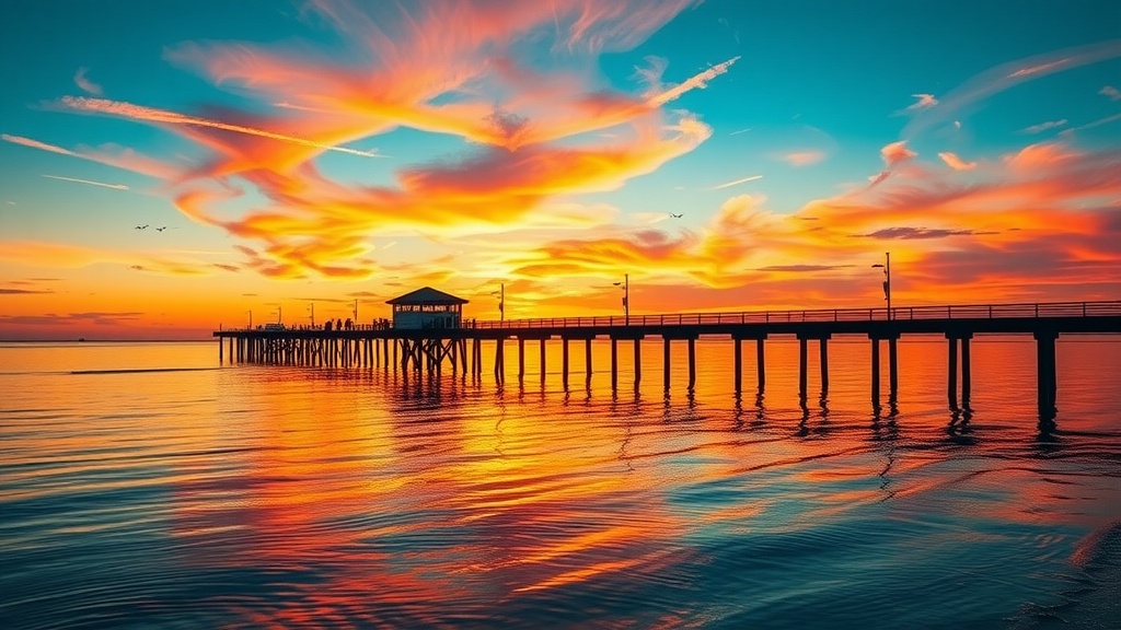 A vibrant sunset over Naples Pier, with colorful clouds and reflections on the water.