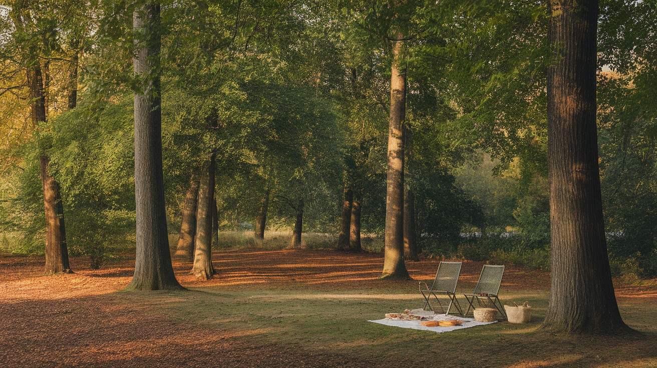 A serene picnic setup in a forest, featuring two chairs, a blanket, and a basket surrounded by trees.